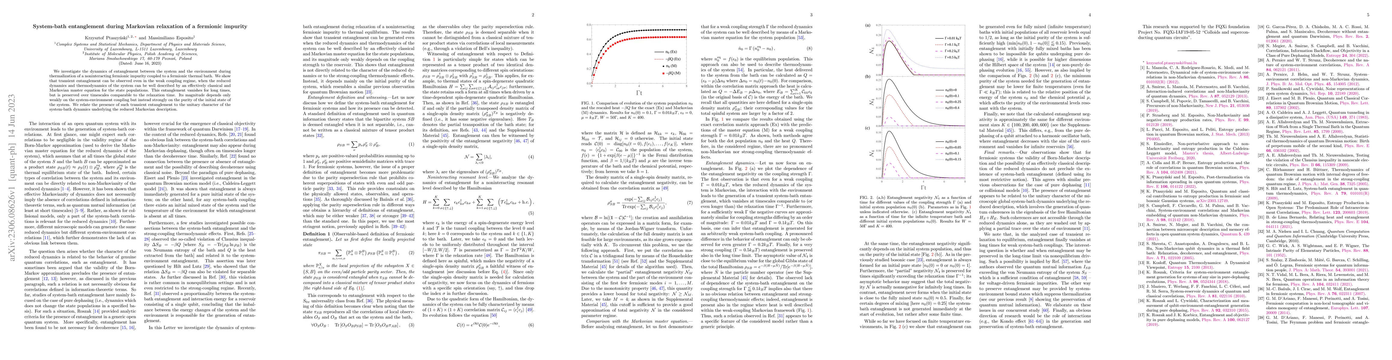 Thumbnail for System-bath entanglement during Markovian relaxation of a fermionic
  impurity