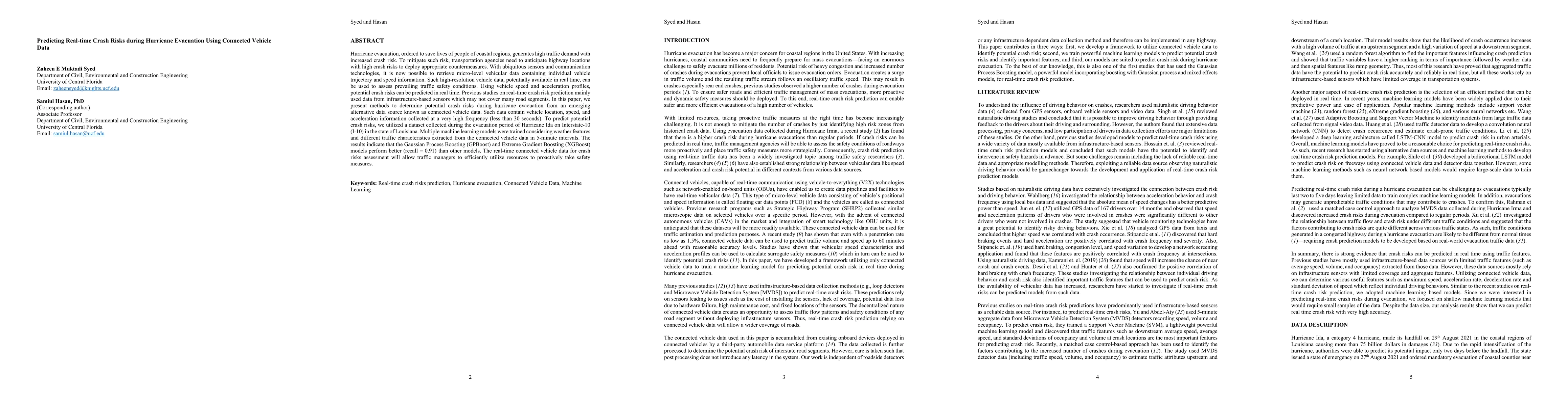 Thumbnail for Predicting Real-time Crash Risks during Hurricane Evacuation Using
  Connected Vehicle Data