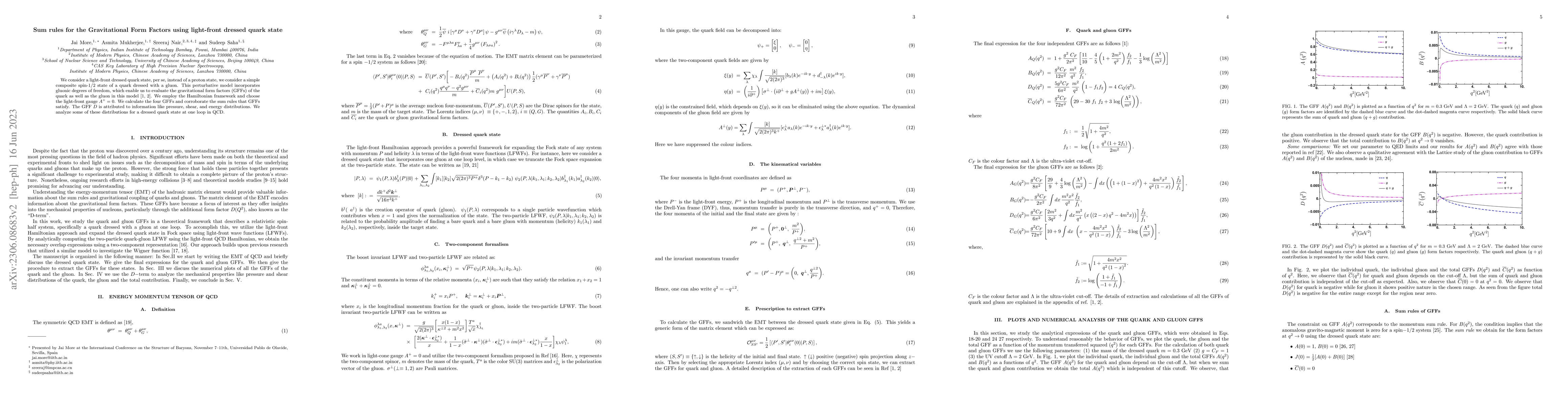 Thumbnail for Sum rules for the Gravitational Form Factors using light-front dressed
  quark state