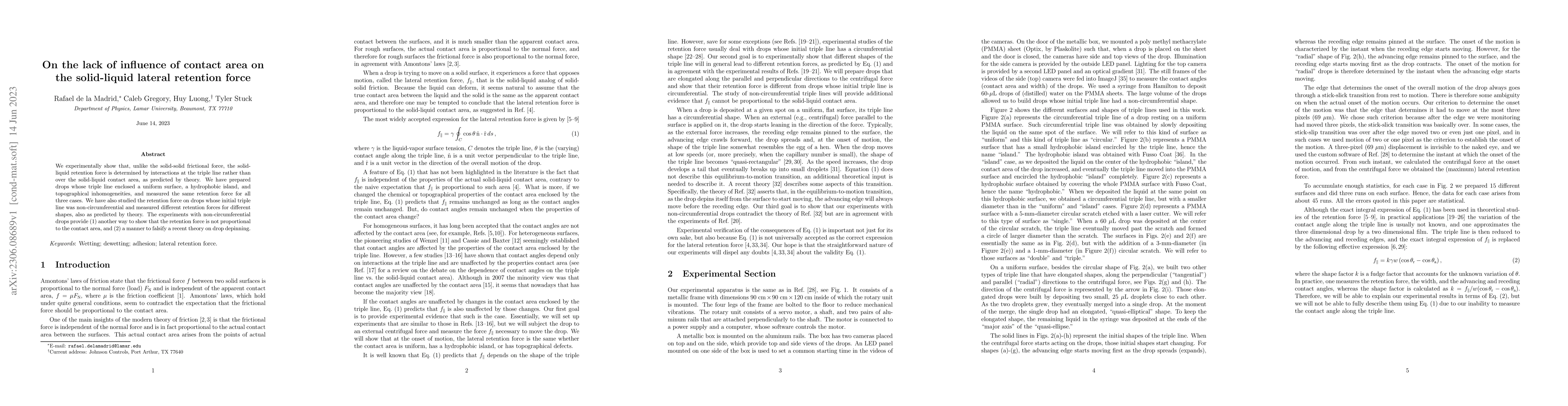 Thumbnail for On the lack of influence of contact area on the solid-liquid lateral
  retention force