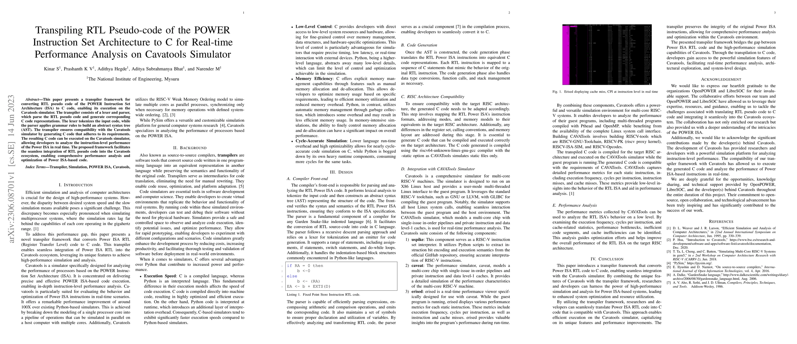 Thumbnail for Transpiling RTL Pseudo-code of the POWER Instruction Set Architecture to
  C for Real-time Performance Analysis on Cavatools Simulator