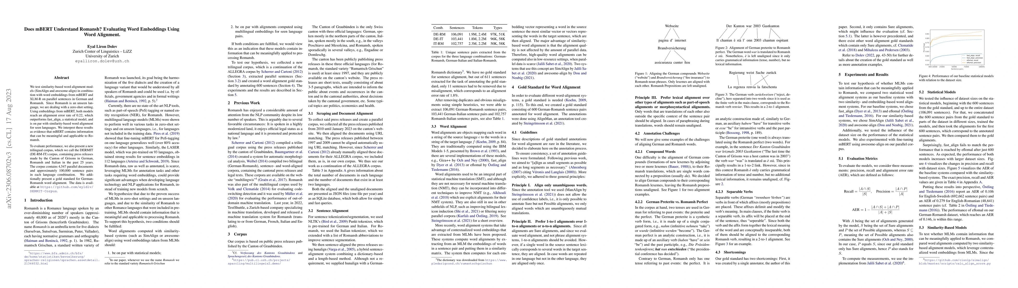 Thumbnail for Does mBERT understand Romansh? Evaluating word embeddings using word
  alignment
