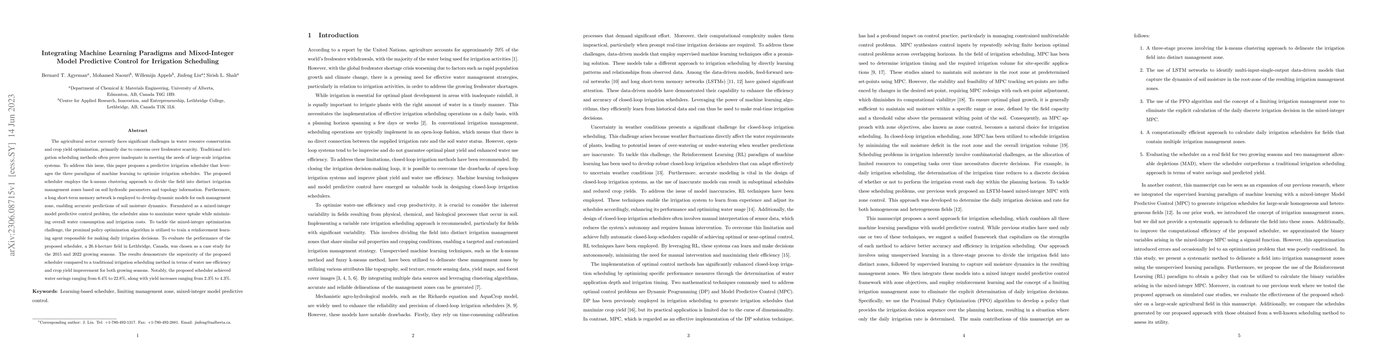 Thumbnail for Integrating machine learning paradigms and mixed-integer model
  predictive control for irrigation scheduling