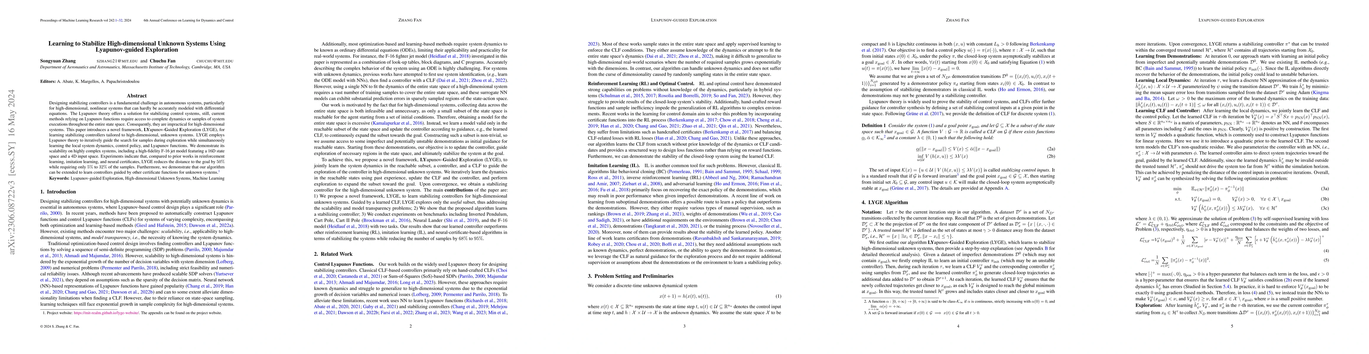 Thumbnail for Learning to Stabilize High-dimensional Unknown Systems Using
  Lyapunov-guided Exploration