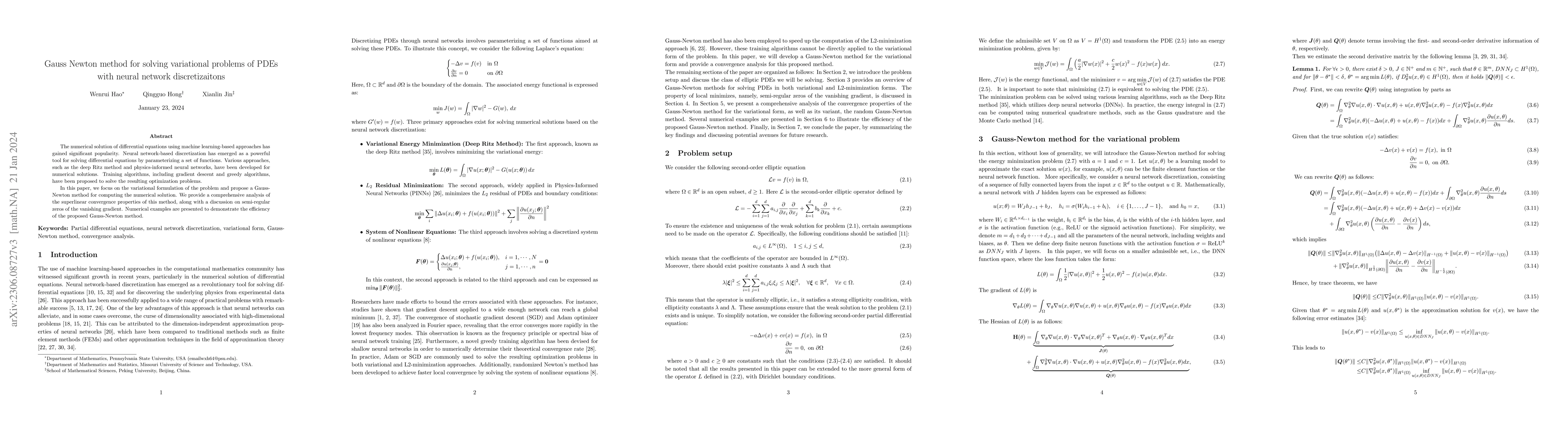 Thumbnail for Gauss Newton method for solving variational problems of PDEs with neural
  network discretizaitons