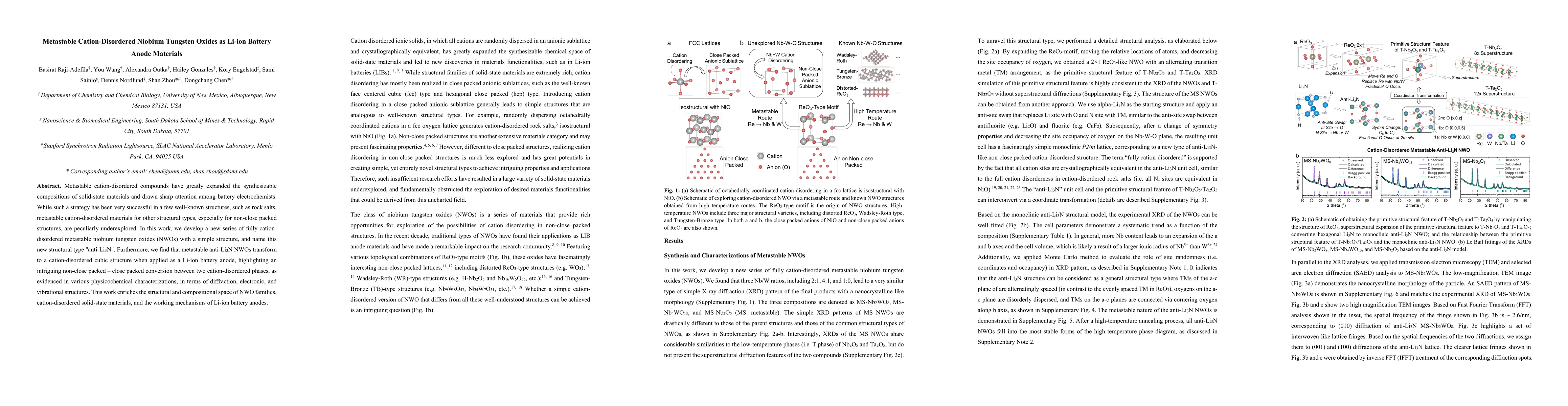 Thumbnail for Metastable Cation-Disordered Niobium Tungsten Oxides as Li-ion Battery
  Anode Materials