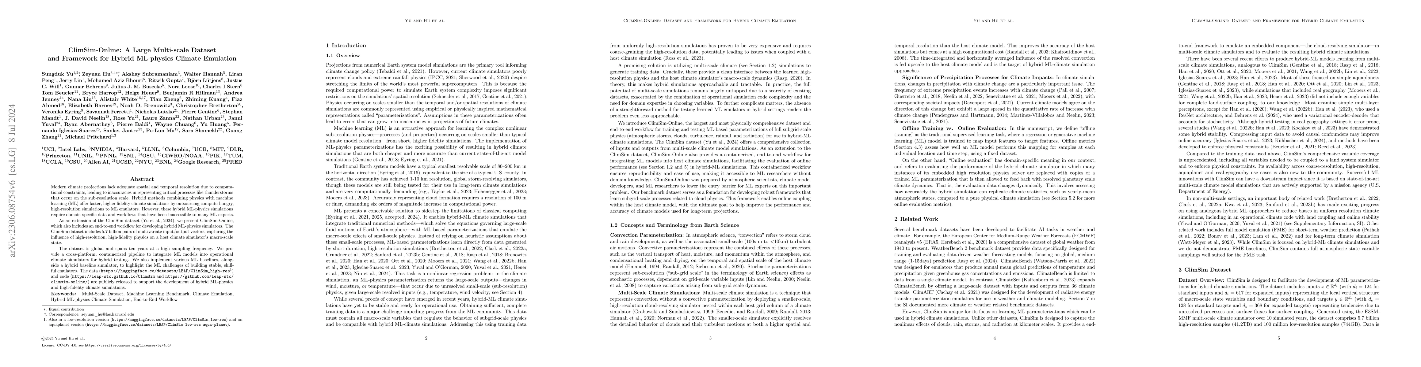 Thumbnail for ClimSim-Online: A Large Multi-scale Dataset and Framework for Hybrid
  ML-physics Climate Emulation