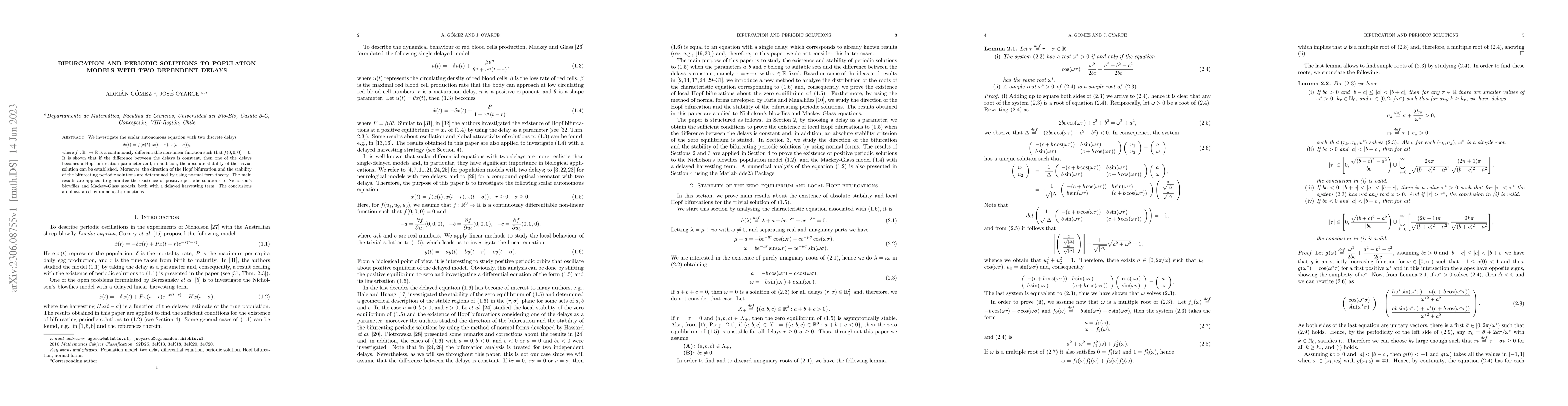 Thumbnail for Bifurcation and periodic solutions to population models with two
  dependent delays