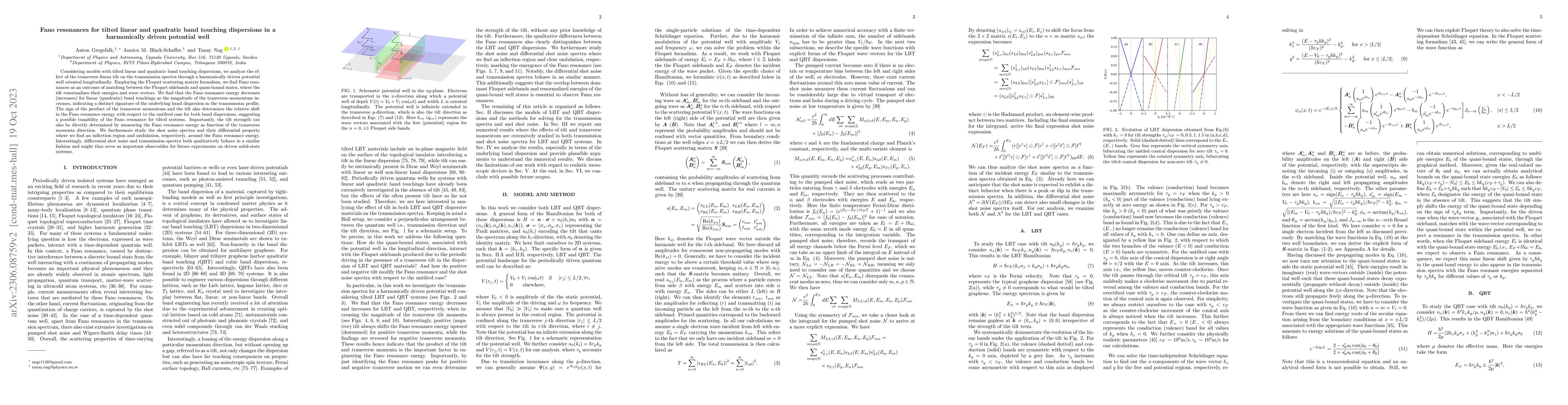 Thumbnail for Fano resonances for tilted linear and quadratic band touching
  dispersions in a harmonically driven potential well