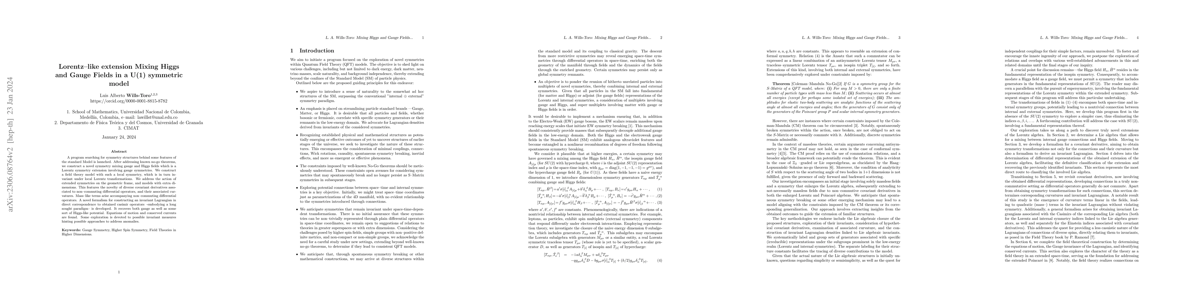 Thumbnail for Lorentz-like extension Mixing Higgs and Gauge Fields in a U(1) symmetric
  model