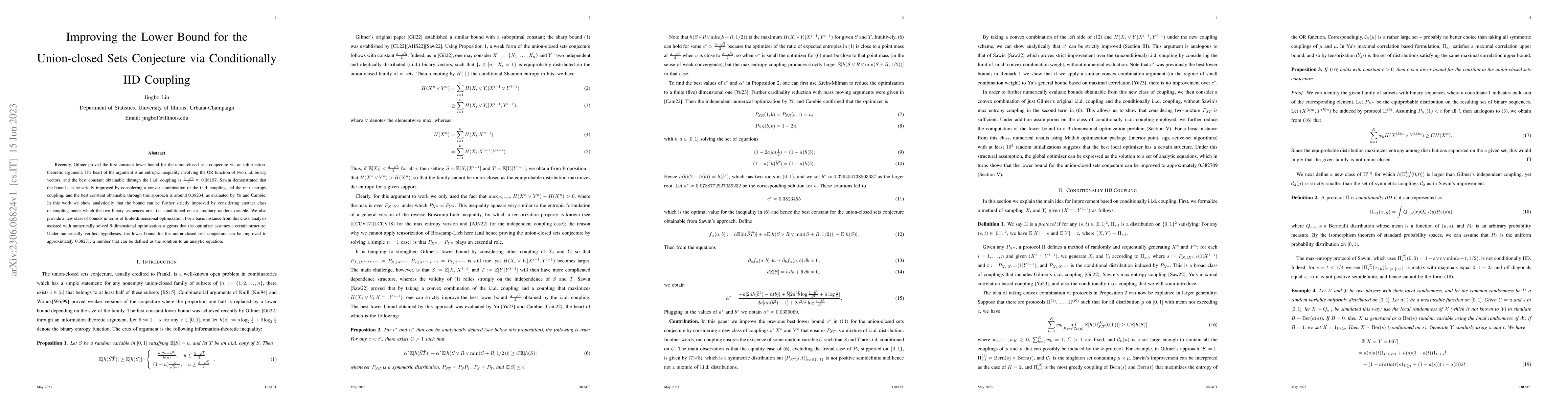 Thumbnail for Improving the Lower Bound for the Union-closed Sets Conjecture via
  Conditionally IID Coupling