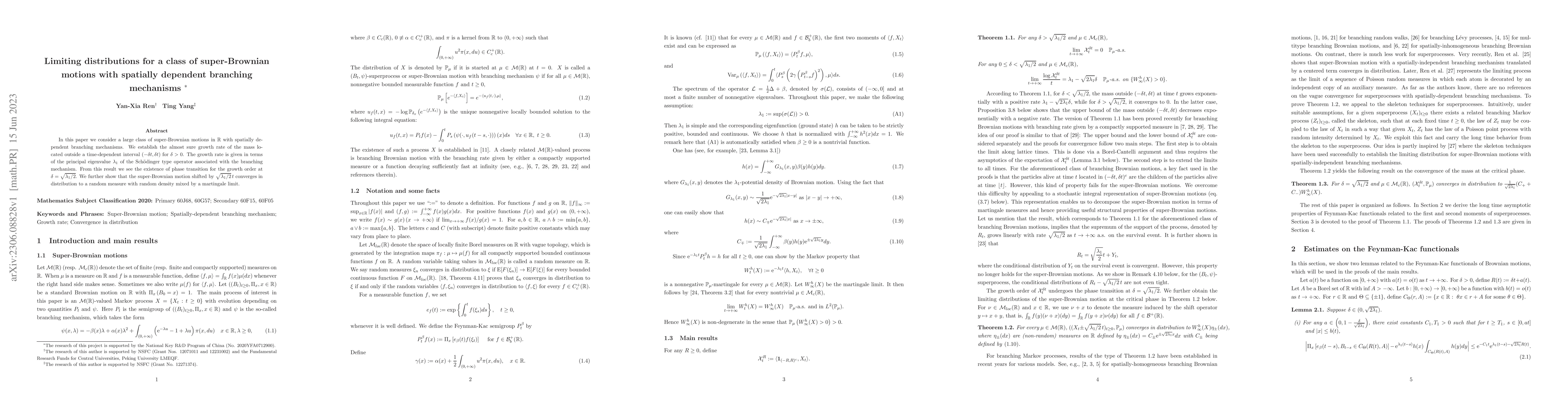 Thumbnail for Limiting distributions for a class of super-Brownian motions with
  spatially dependent branching mechanisms