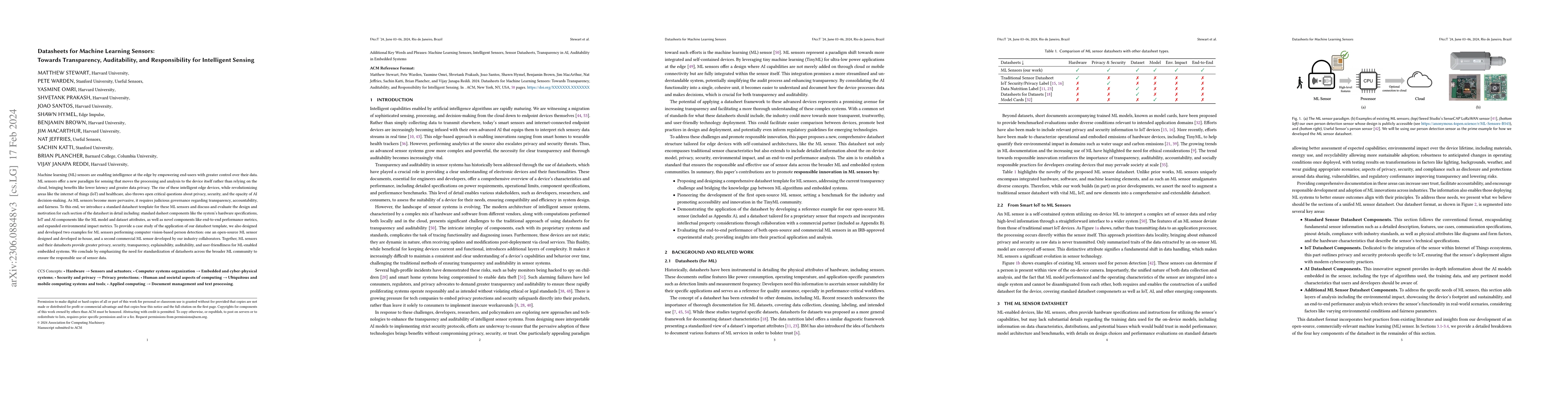 Thumbnail for Datasheets for Machine Learning Sensors: Towards Transparency,
  Auditability, and Responsibility for Intelligent Sensing