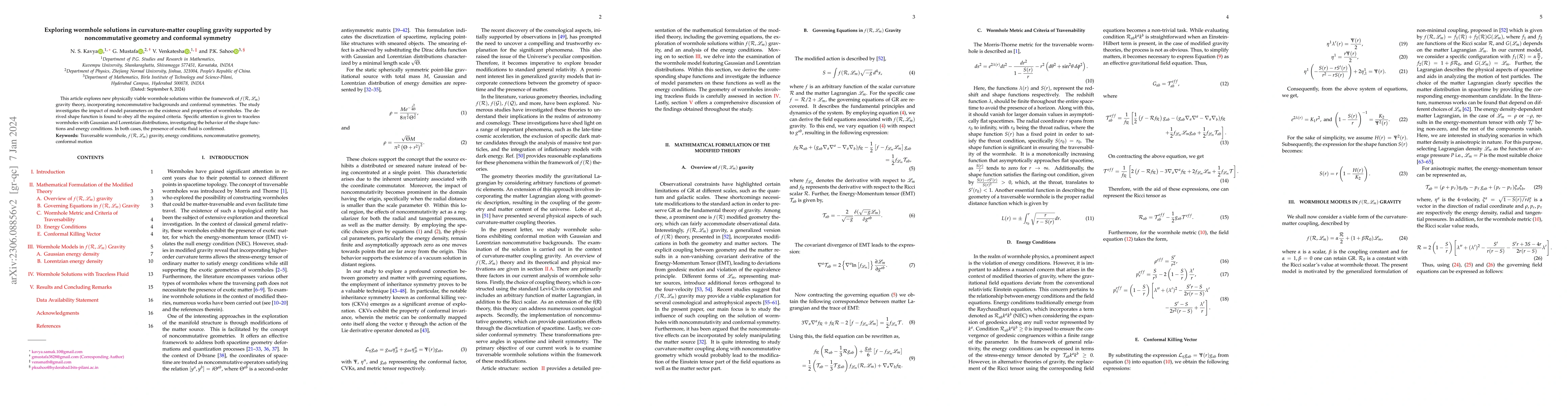 Thumbnail for Exploring wormhole solutions in curvature-matter coupling gravity
  supported by noncommutative geometry and conformal symmetry