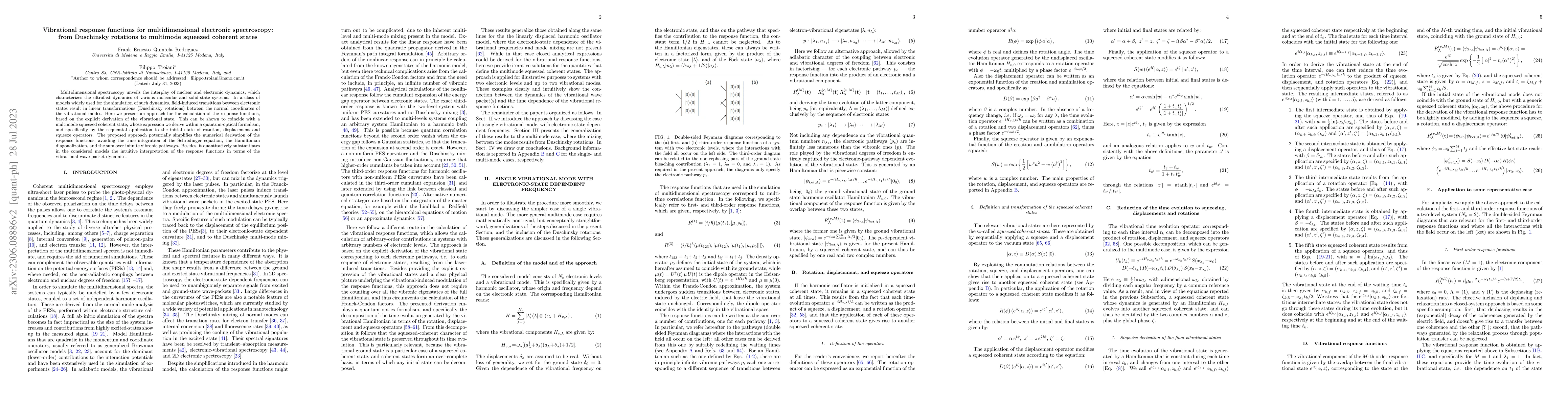 Thumbnail for Vibrational response functions for multidimensional electronic
  spectroscopy: from Duschinsky rotations to multimode squeezed coherent states