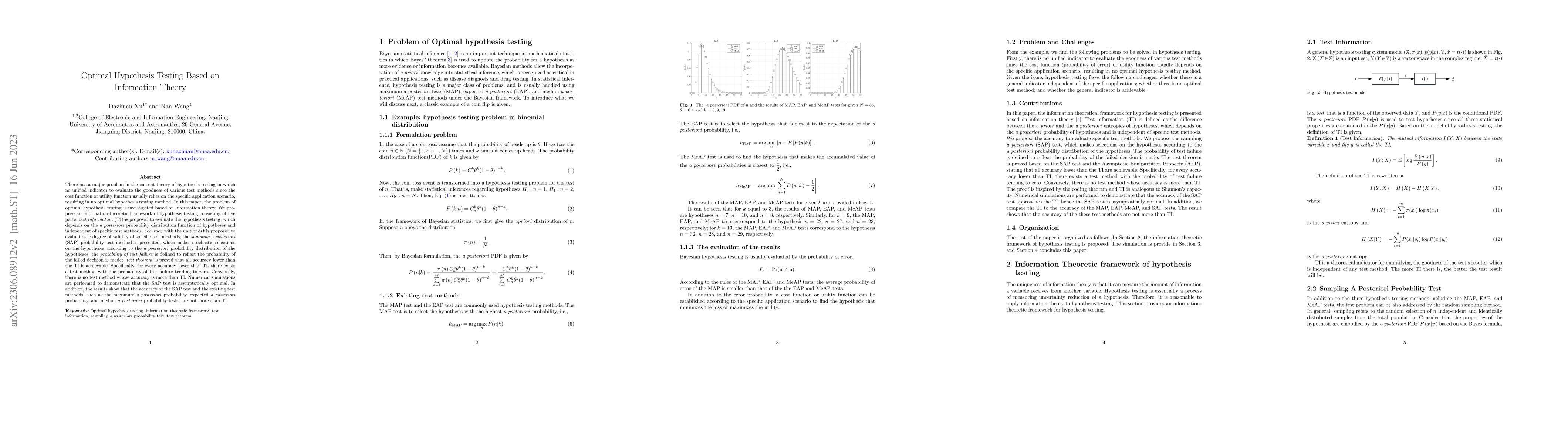 Thumbnail for Optimal Hypothesis Testing Based on Information Theory