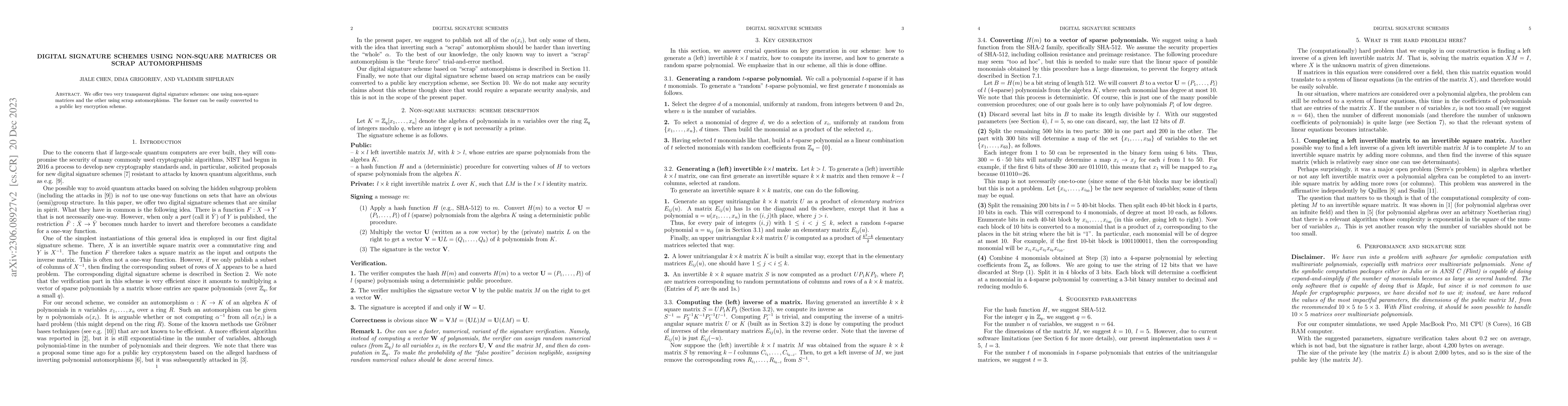 Thumbnail for Digital signature schemes using non-square matrices or scrap
  automorphisms