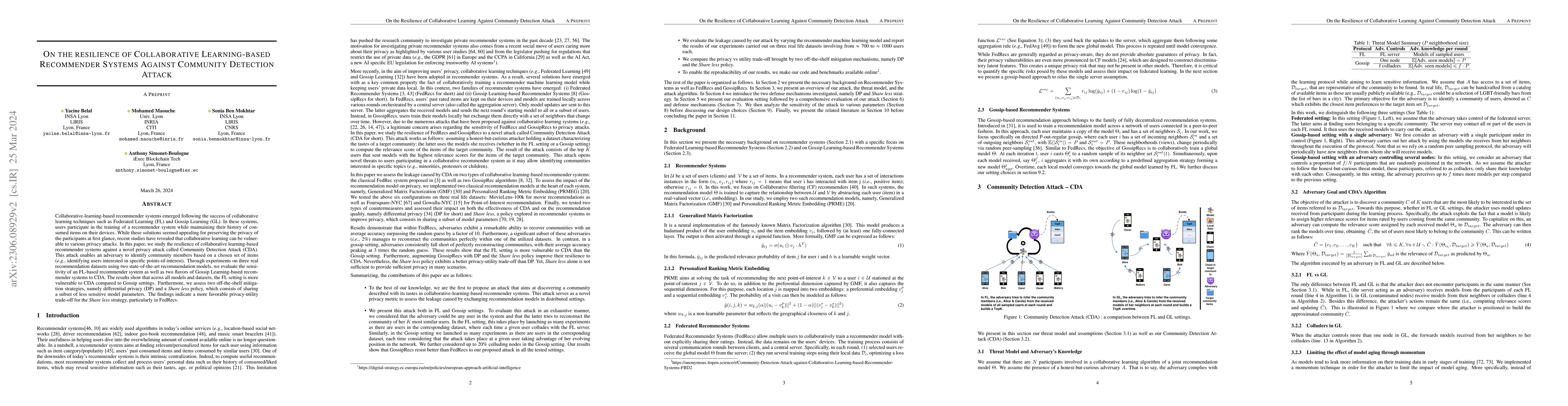 Thumbnail for On the resilience of Collaborative Learning-based Recommender Systems
  Against Community Detection Attack
