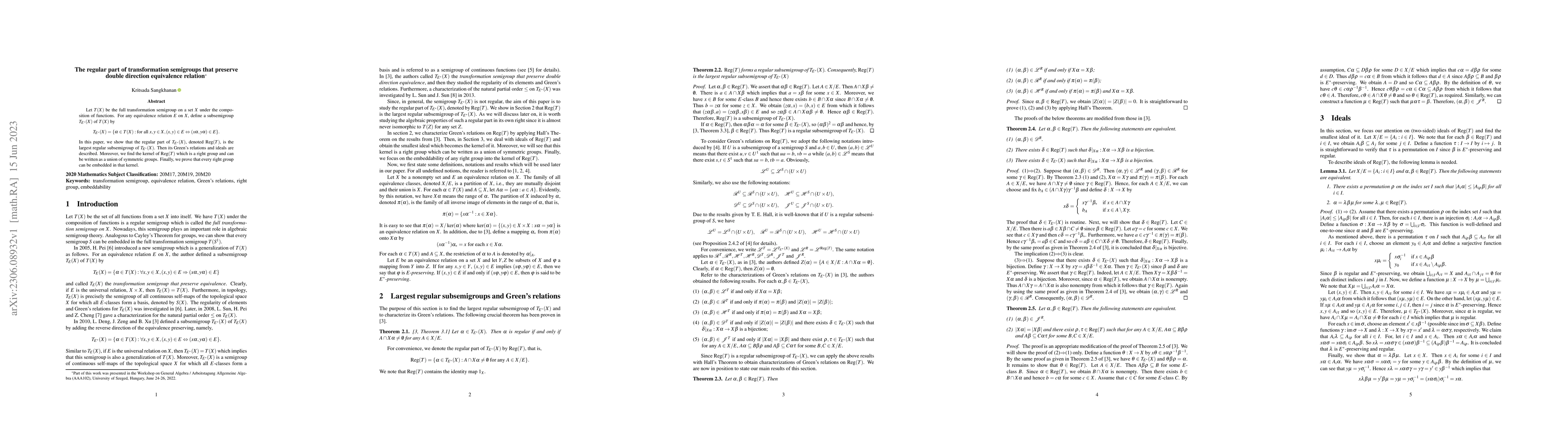 Thumbnail for The regular part of transformation semigroups that preserve double
  direction equivalence relation
