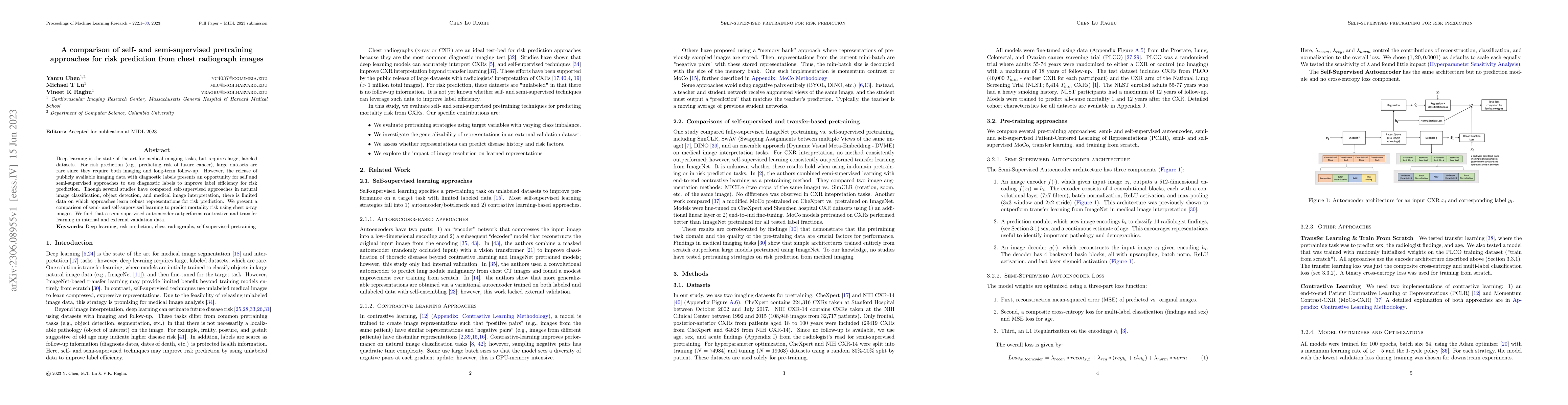 Thumbnail for A Comparison of Self-Supervised Pretraining Approaches for Predicting
  Disease Risk from Chest Radiograph Images