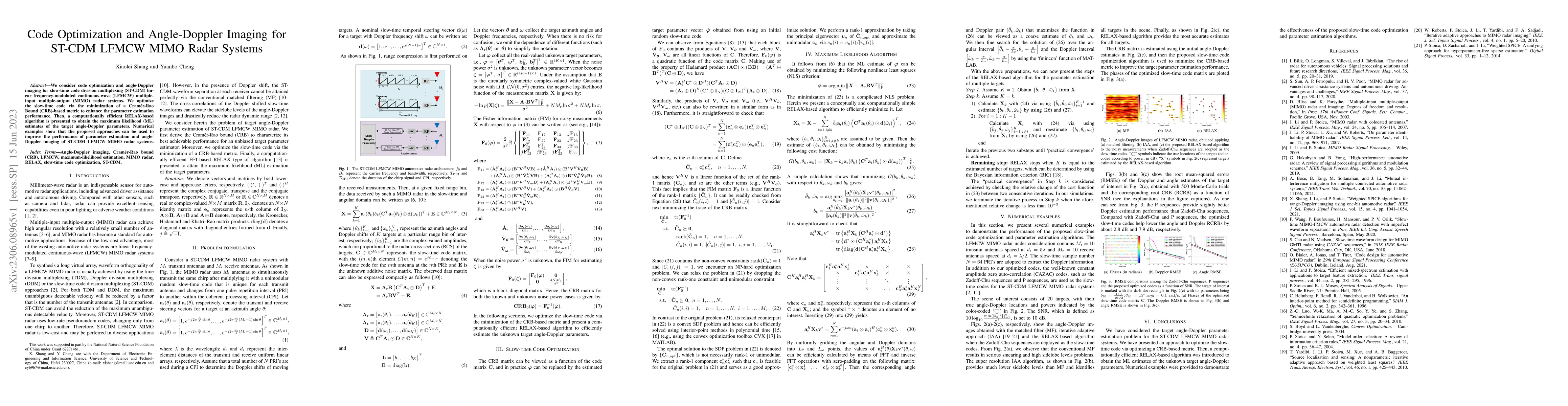 Thumbnail for Code Optimization and Angle-Doppler Imaging for ST-CDM LFMCW MIMO Radar
  Systems