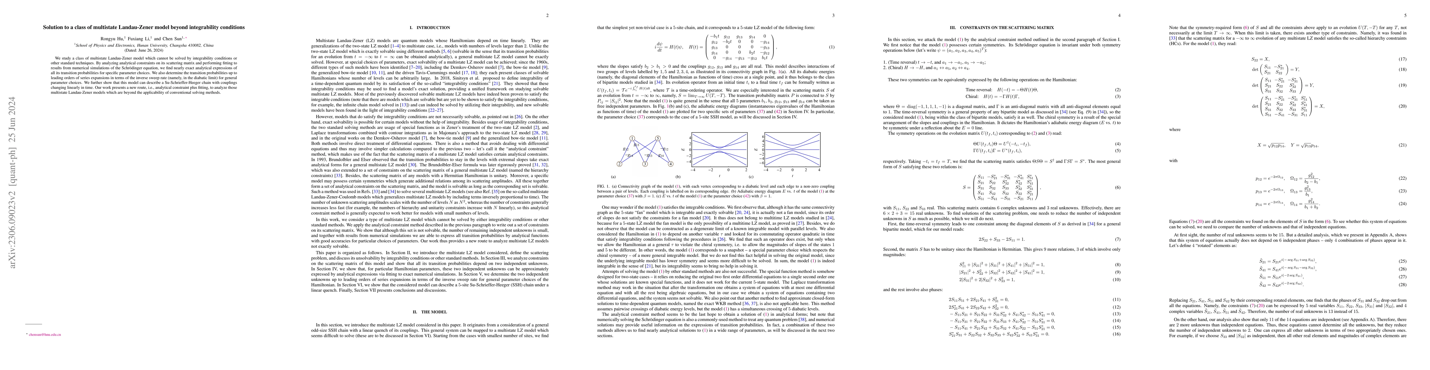 Thumbnail for Solution to a class of multistate Landau-Zener model beyond
  integrability conditions