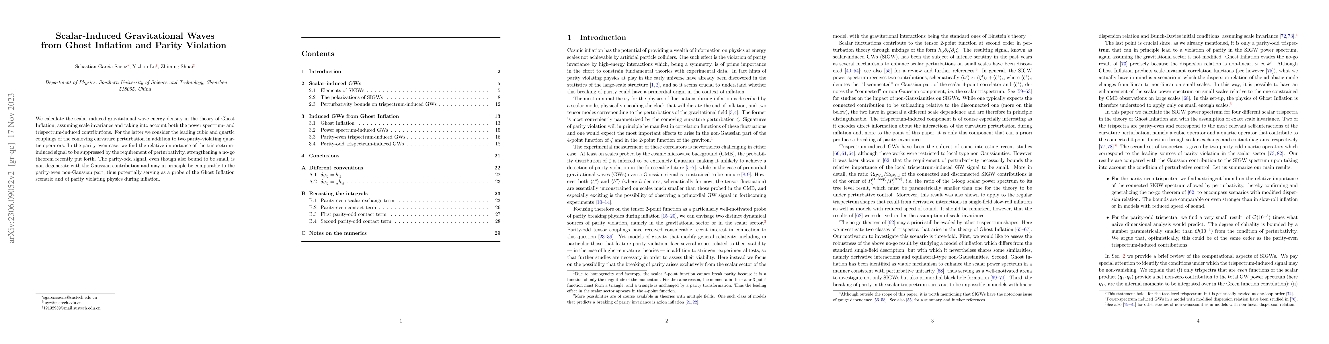 Thumbnail for Scalar-Induced Gravitational Waves from Ghost Inflation and Parity
  Violation