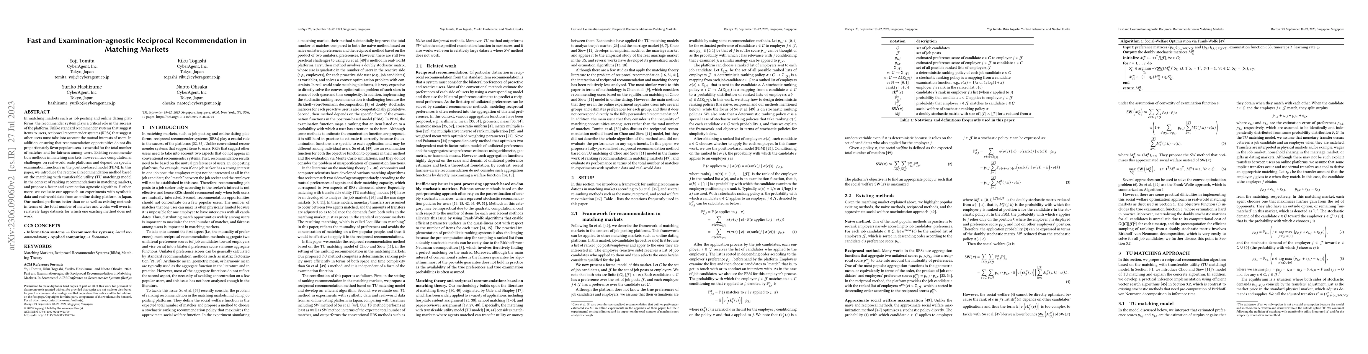 Thumbnail for Fast and Examination-agnostic Reciprocal Recommendation in Matching
  Markets