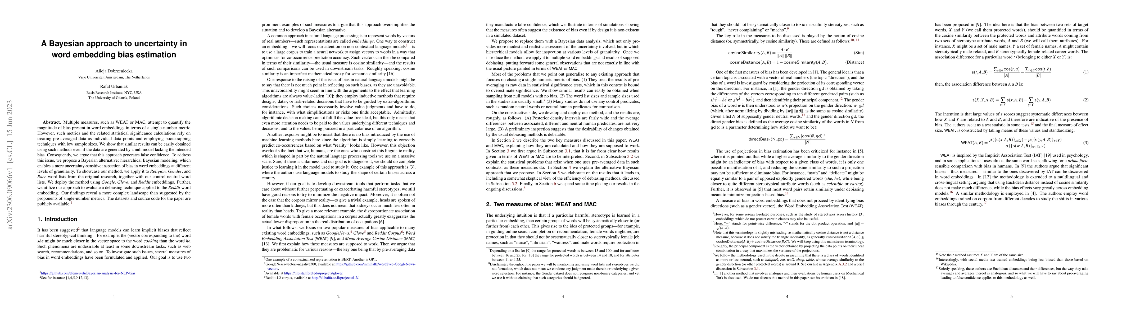 Thumbnail for A Bayesian approach to uncertainty in word embedding bias estimation