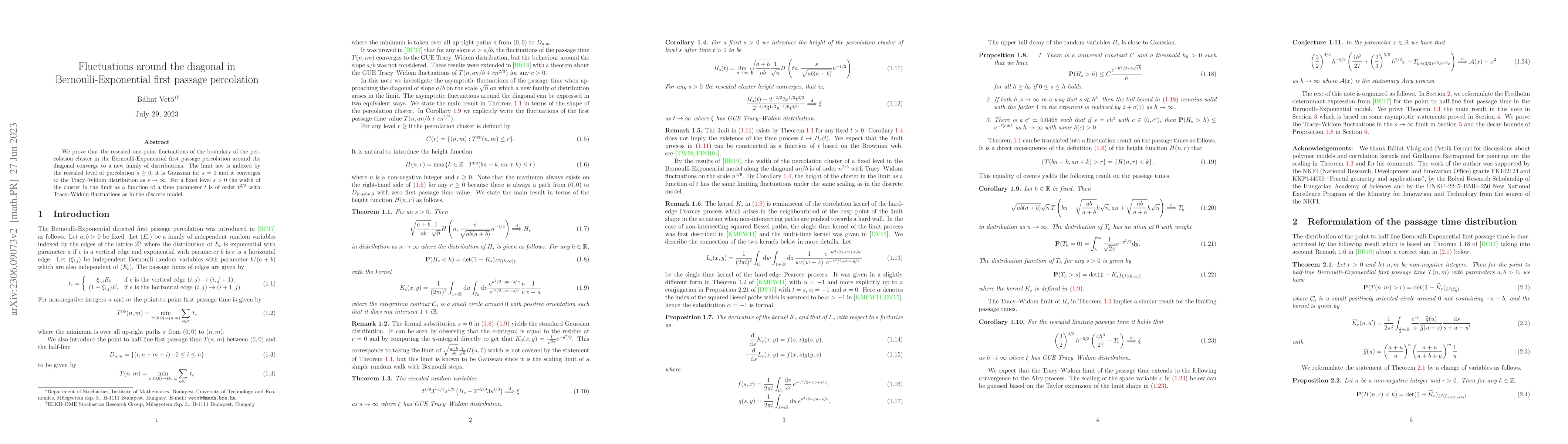 Thumbnail for Fluctuations around the diagonal in Bernoulli-Exponential first passage
  percolation