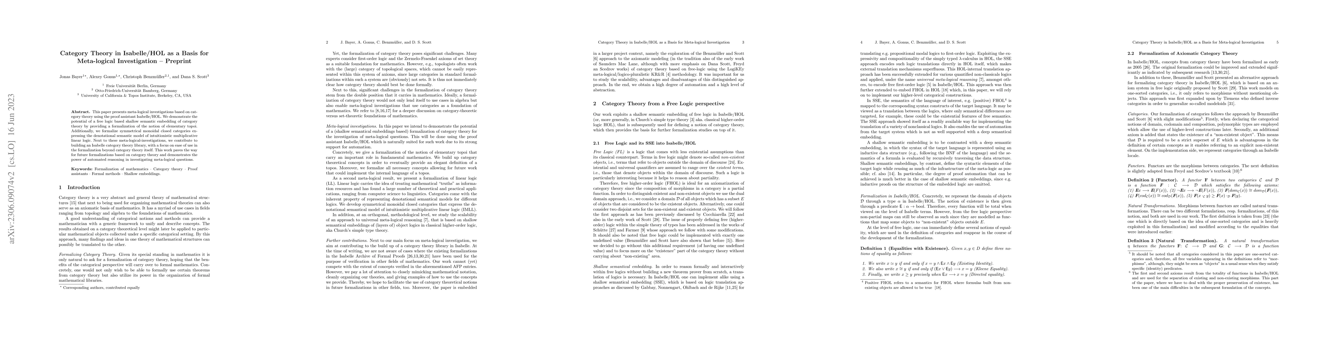 Thumbnail for Category Theory in Isabelle/HOL as a Basis for Meta-logical
  Investigation