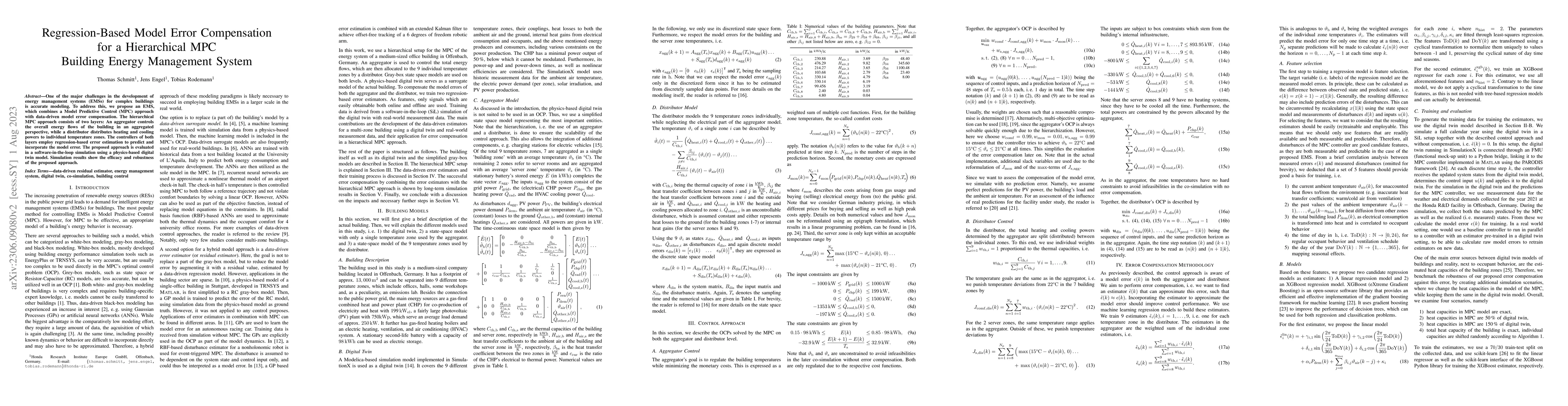 Thumbnail for Regression-Based Model Error Compensation for Hierarchical MPC Building
  Energy Management System