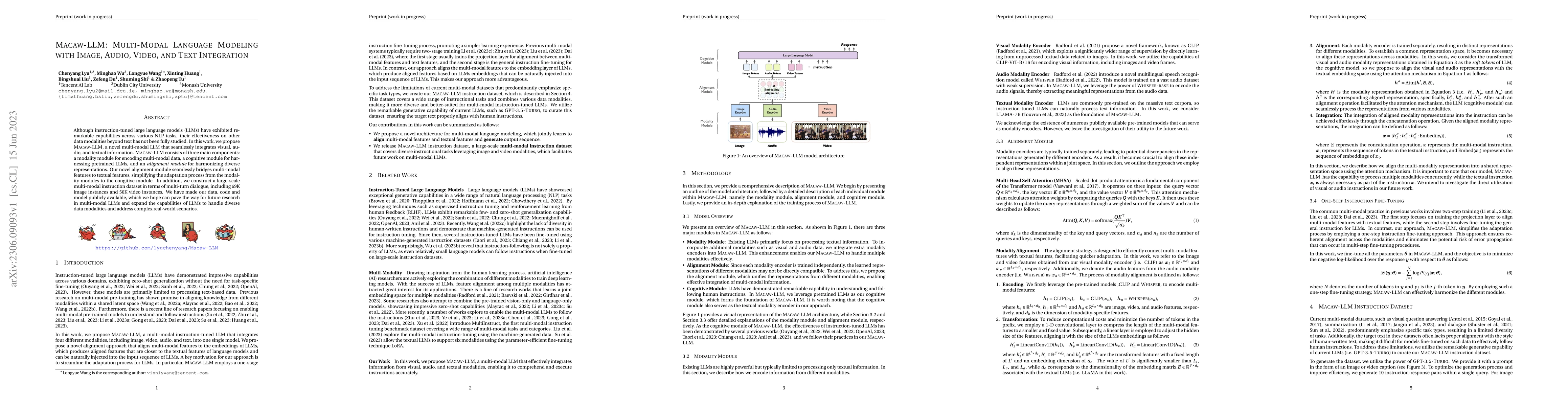 Thumbnail for Macaw-LLM: Multi-Modal Language Modeling with Image, Audio, Video, and
  Text Integration