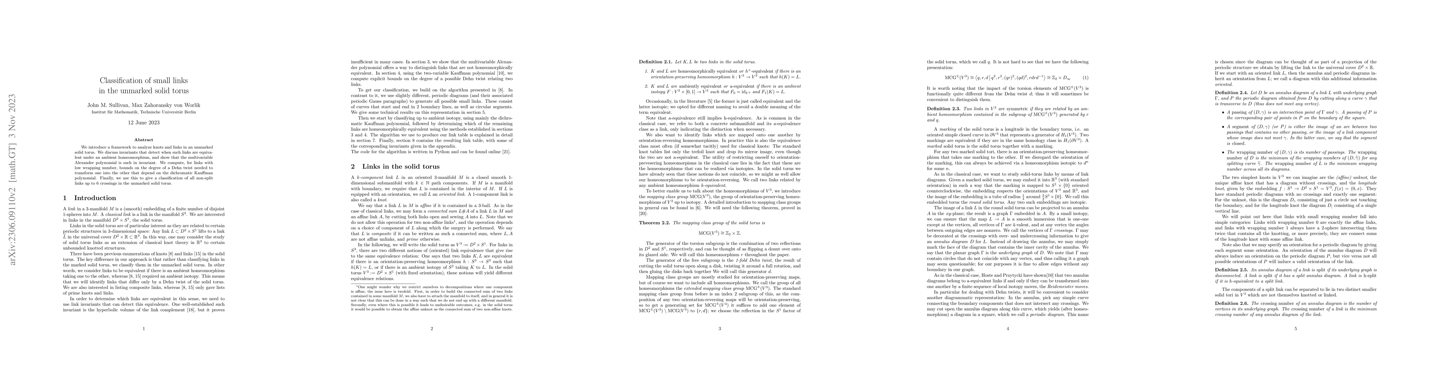 Thumbnail for Classification of small links in the unmarked solid torus