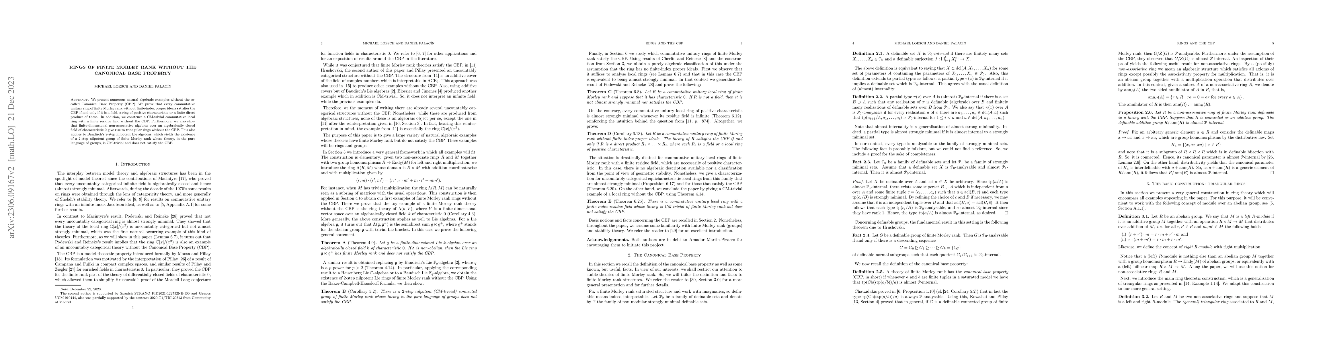 Thumbnail for Rings of finite Morley rank without the canonical base property