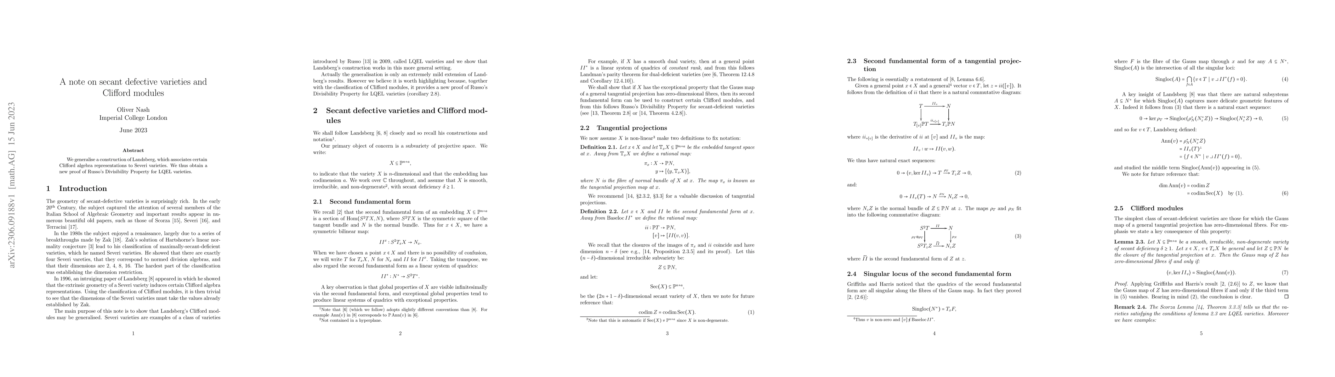 Thumbnail for A note on secant defective varieties and Clifford modules