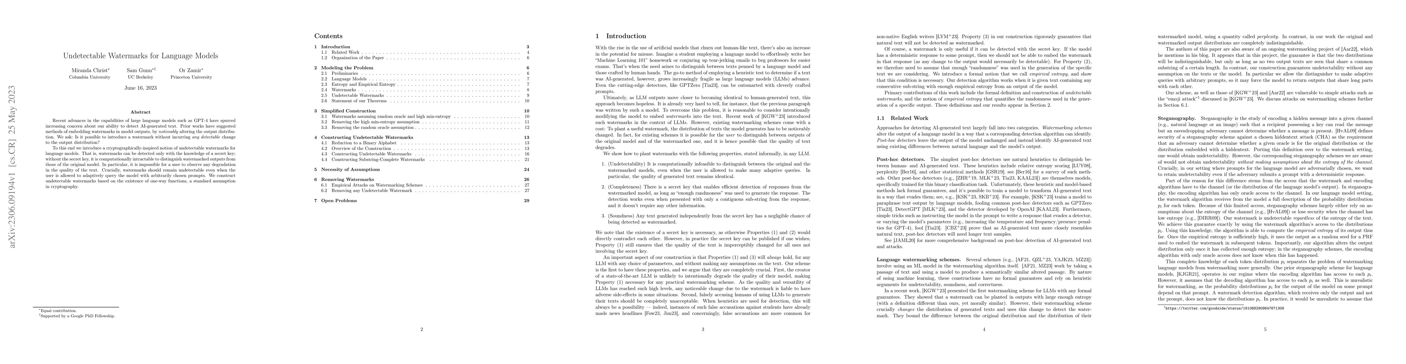 Thumbnail for Undetectable Watermarks for Language Models