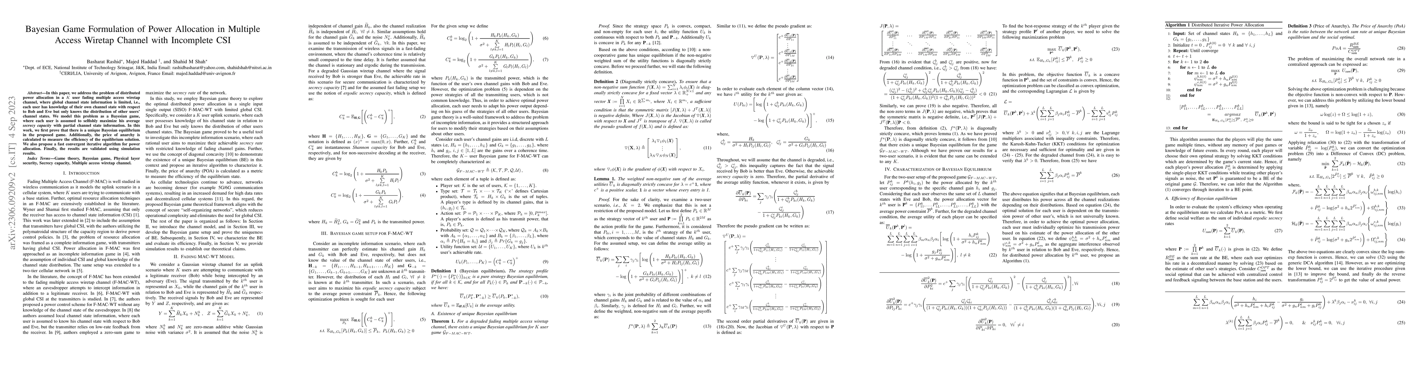 Thumbnail for Bayesian Game Formulation of Power Allocation in Multiple Access Wiretap
  Channel with Incomplete CSI