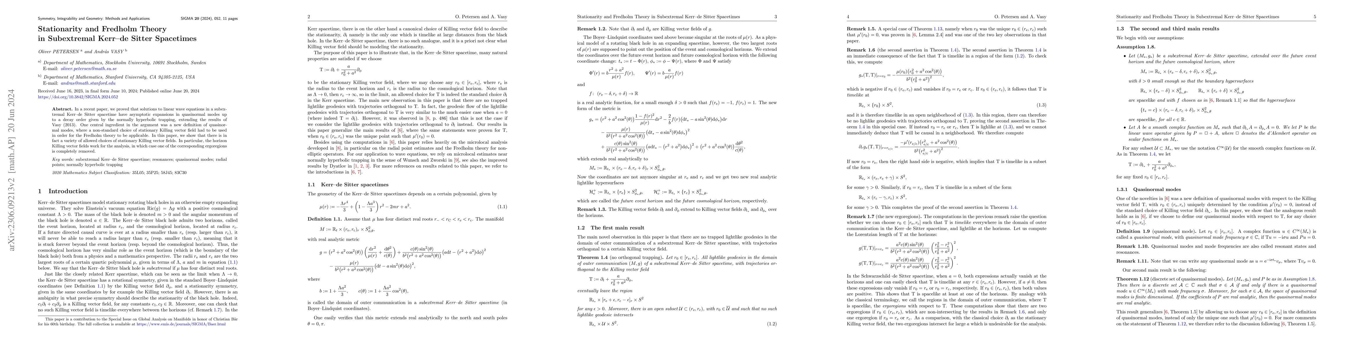 Thumbnail for Stationarity and Fredholm Theory in Subextremal Kerr-de Sitter
  Spacetimes