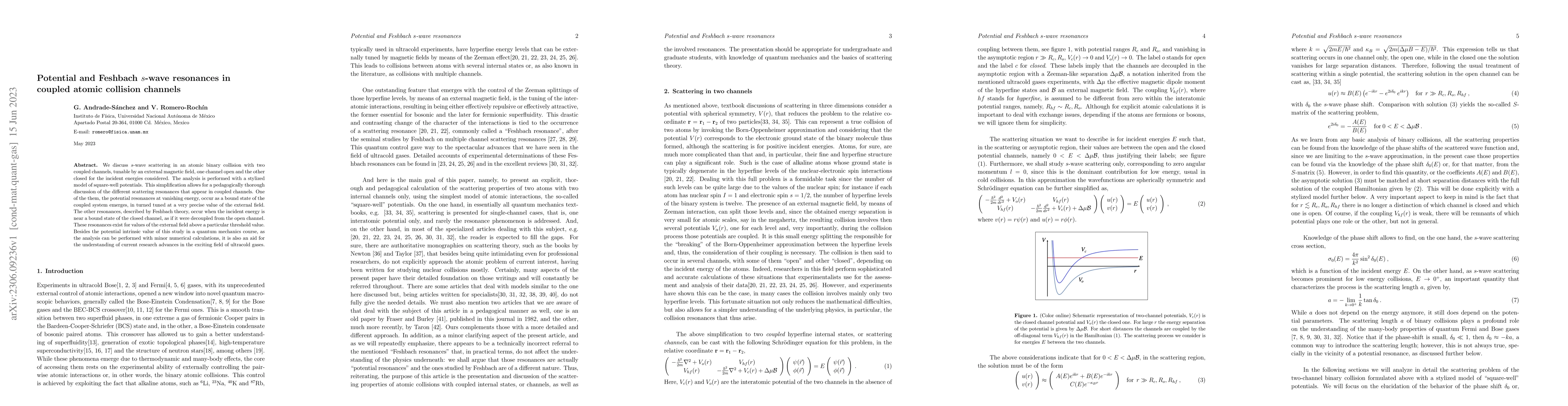 Thumbnail for Potential and Feshbach $s$-wave resonances in coupled atomic collision
  channels