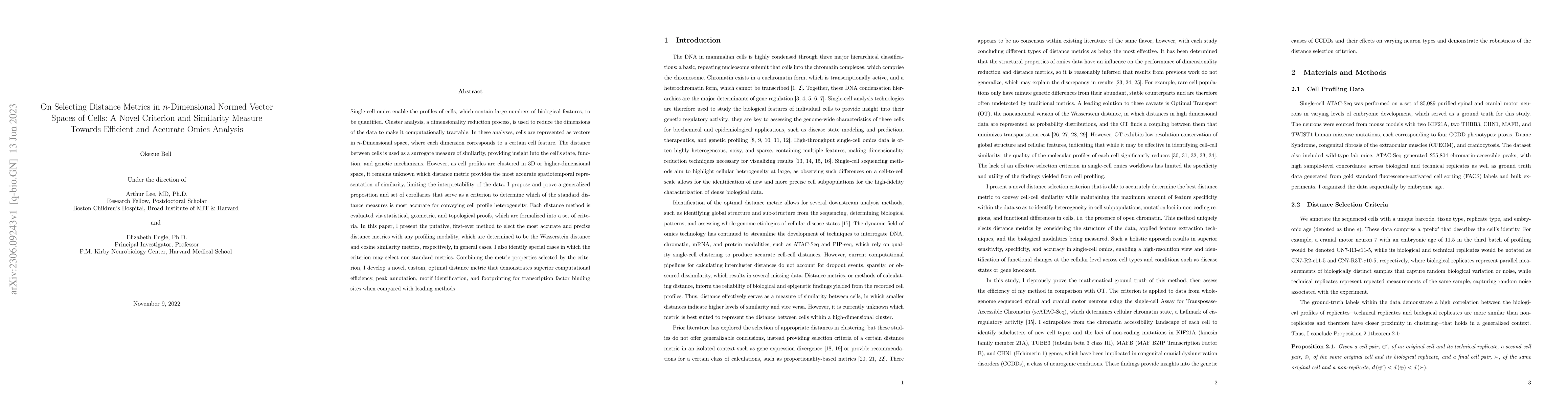 Thumbnail for On Selecting Distance Metrics in $n$-Dimensional Normed Vector Spaces of
  Cells: A Novel Criterion and Similarity Measure Towards Efficient and
  Accurate Omics Analysis