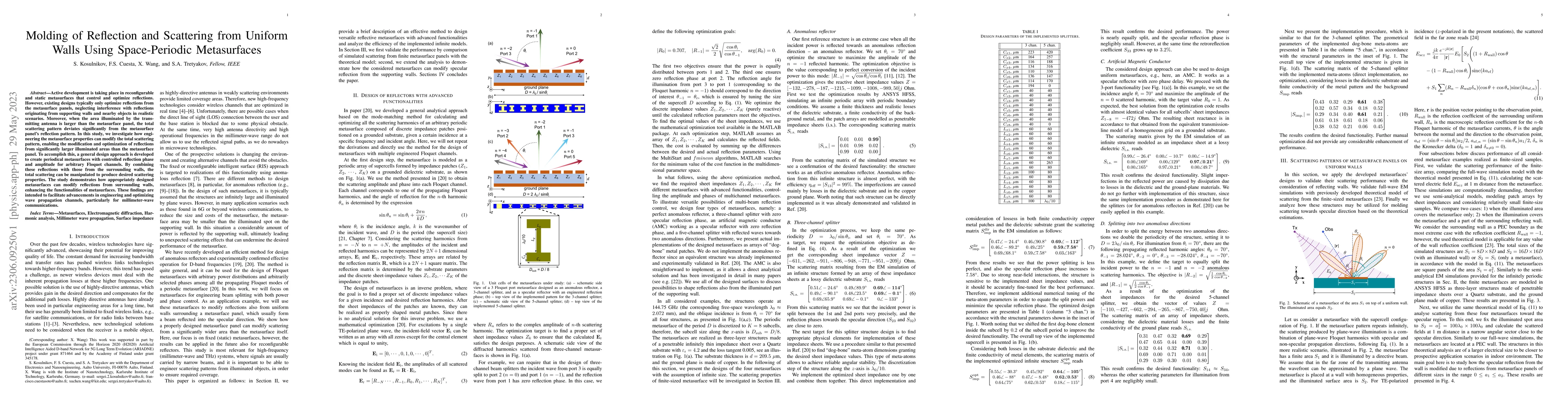 Thumbnail for Molding of Reflection and Scattering from Uniform Walls Using
  Space-Periodic Metasurfaces