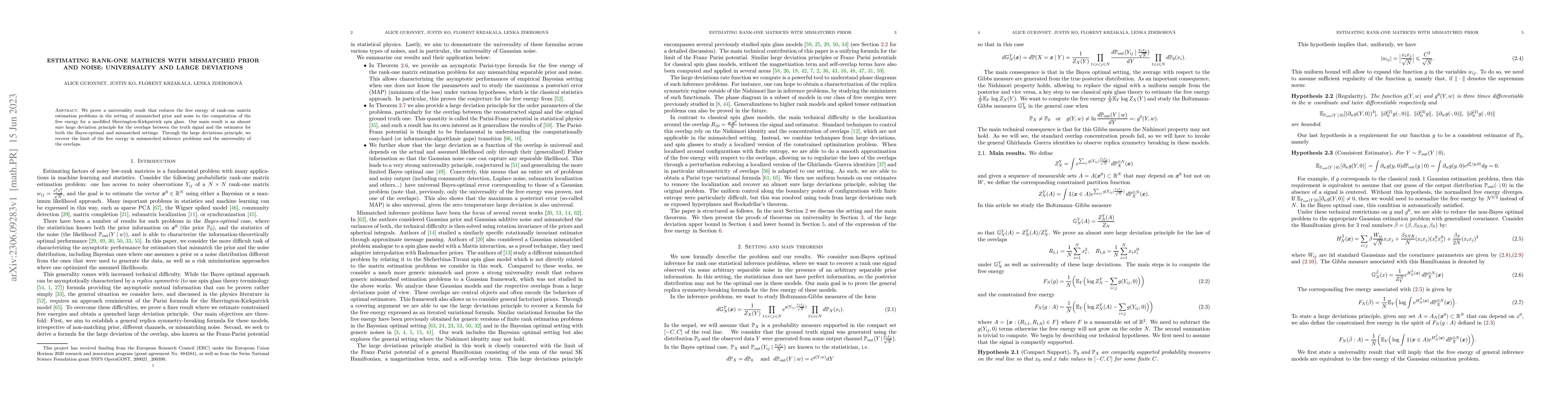 Thumbnail for Estimating rank-one matrices with mismatched prior and noise:
  universality and large deviations