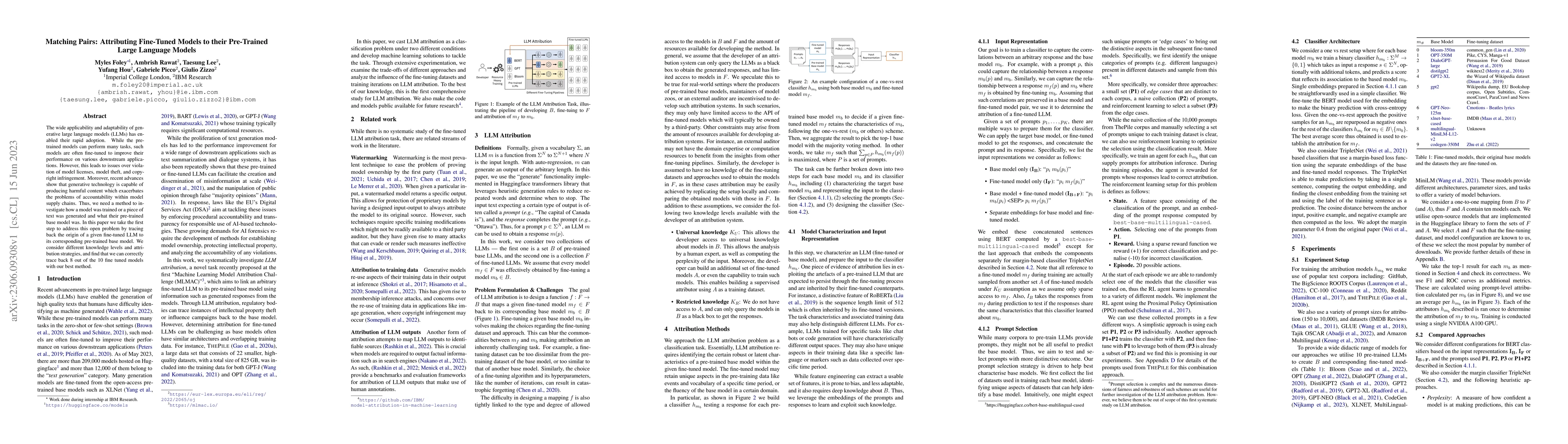 Thumbnail for Matching Pairs: Attributing Fine-Tuned Models to their Pre-Trained Large
  Language Models