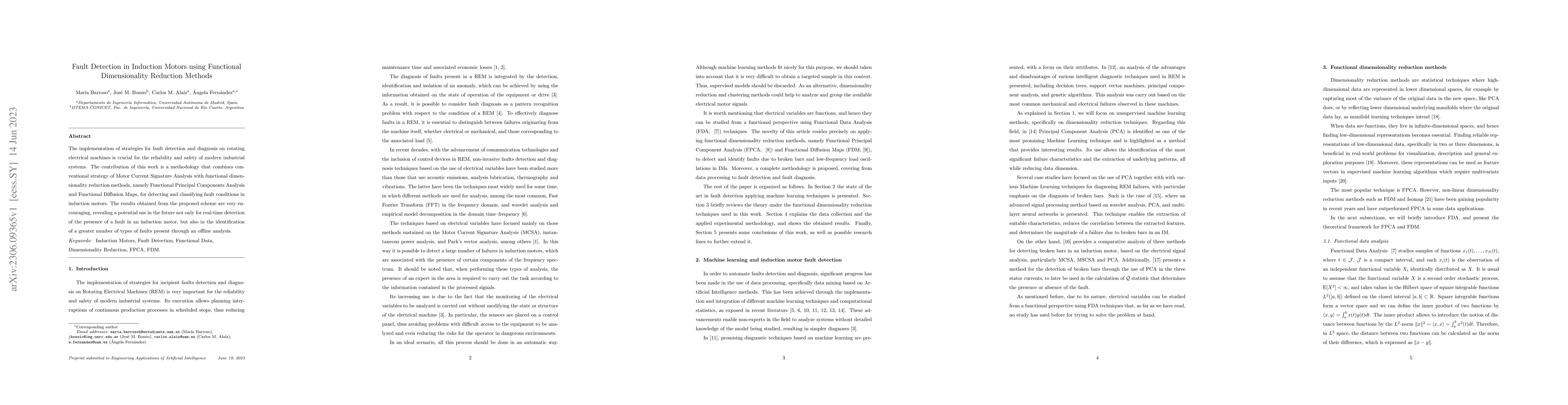 Thumbnail for Fault Detection in Induction Motors using Functional Dimensionality
  Reduction Methods