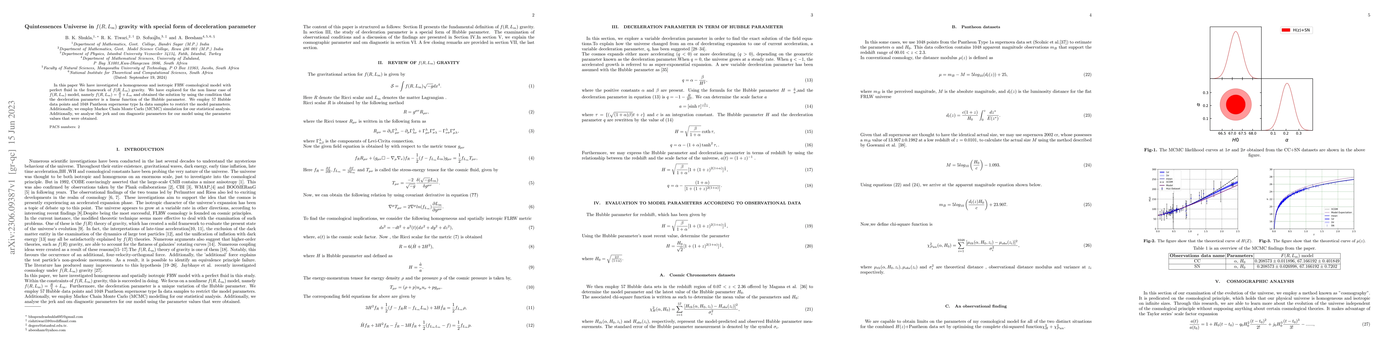 Thumbnail for Quintessences Universe in $f(R, L_m)$ gravity with special form of
  deceleration parameter