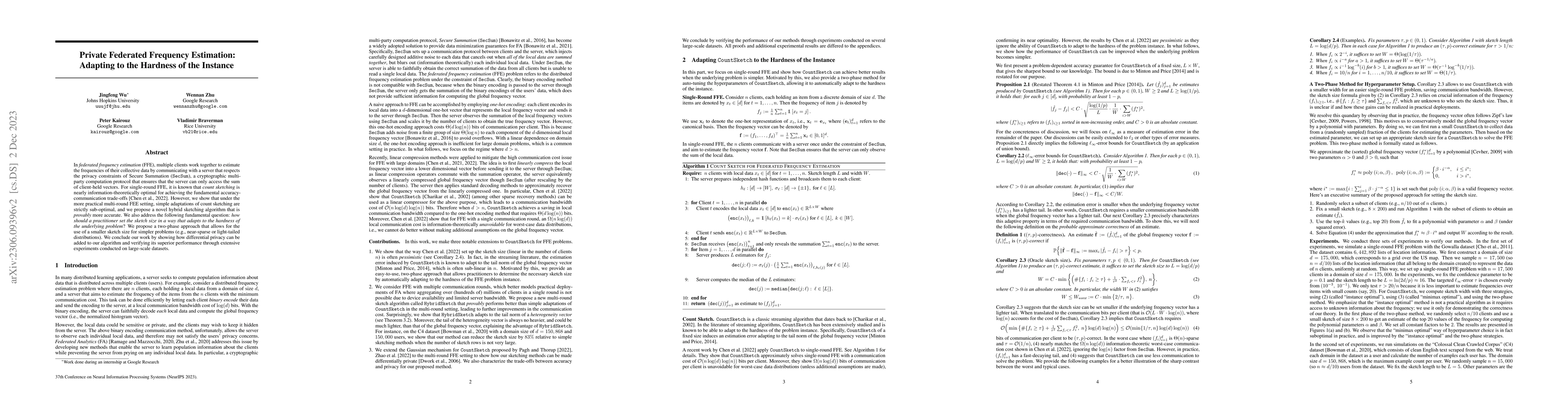 Thumbnail for Private Federated Frequency Estimation: Adapting to the Hardness of the
  Instance