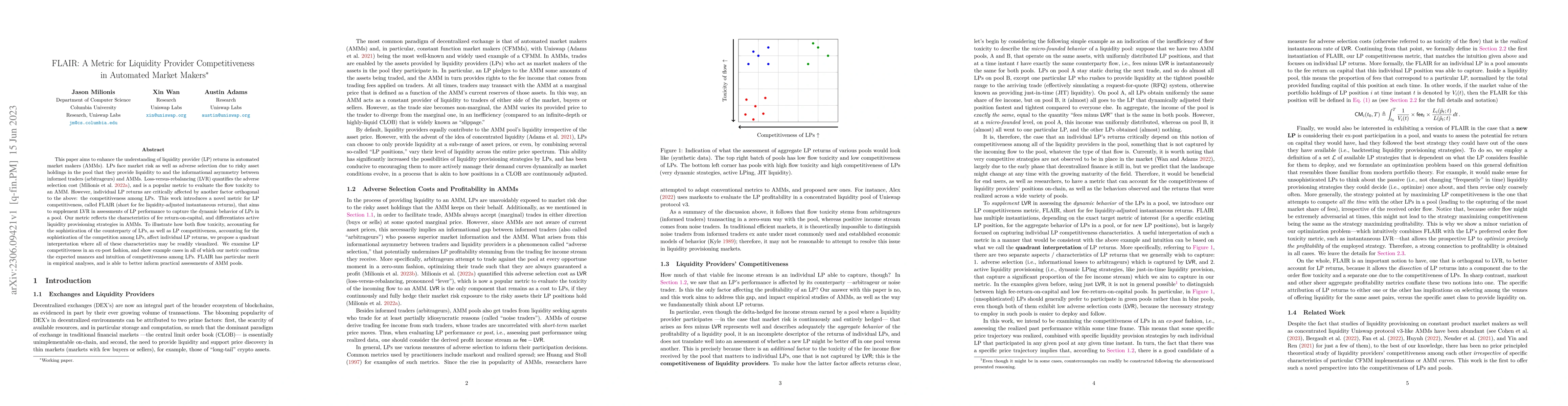 Thumbnail for FLAIR: A Metric for Liquidity Provider Competitiveness in Automated
  Market Makers
