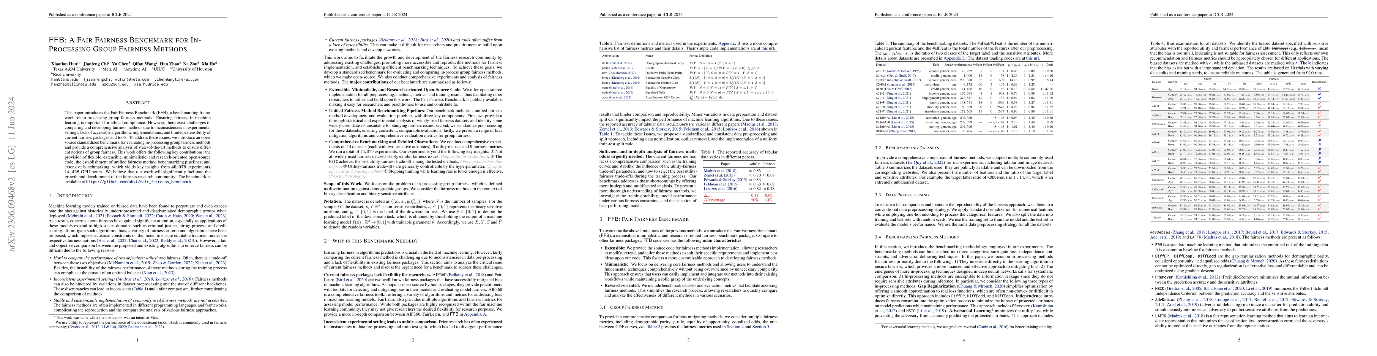 Thumbnail for FFB: A Fair Fairness Benchmark for In-Processing Group Fairness Methods