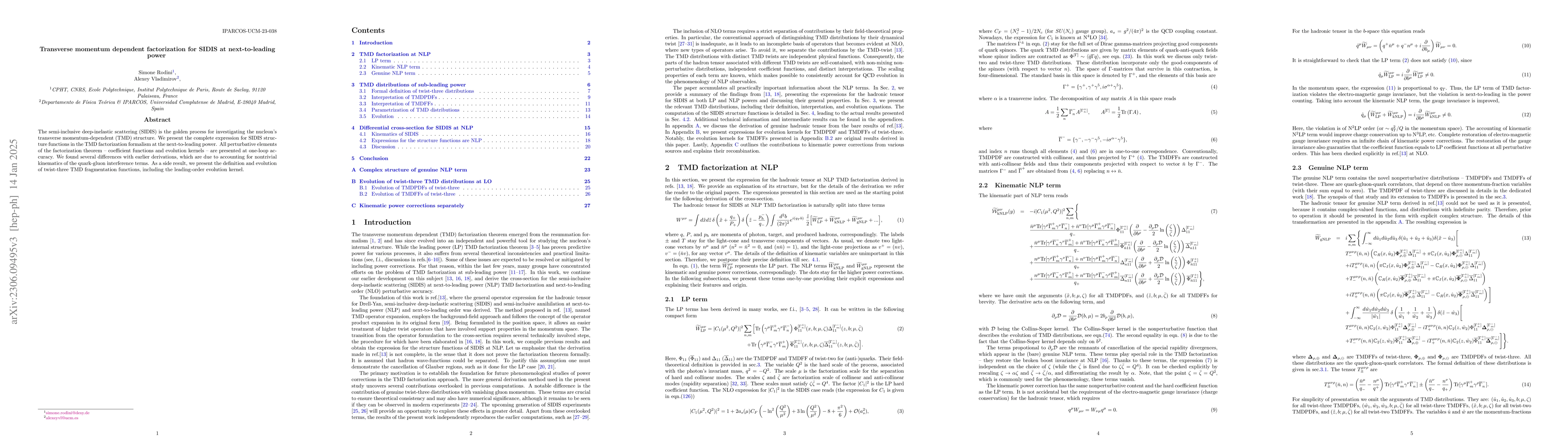 Thumbnail for Transverse momentum dependent factorization for SIDIS at next-to-leading
  power